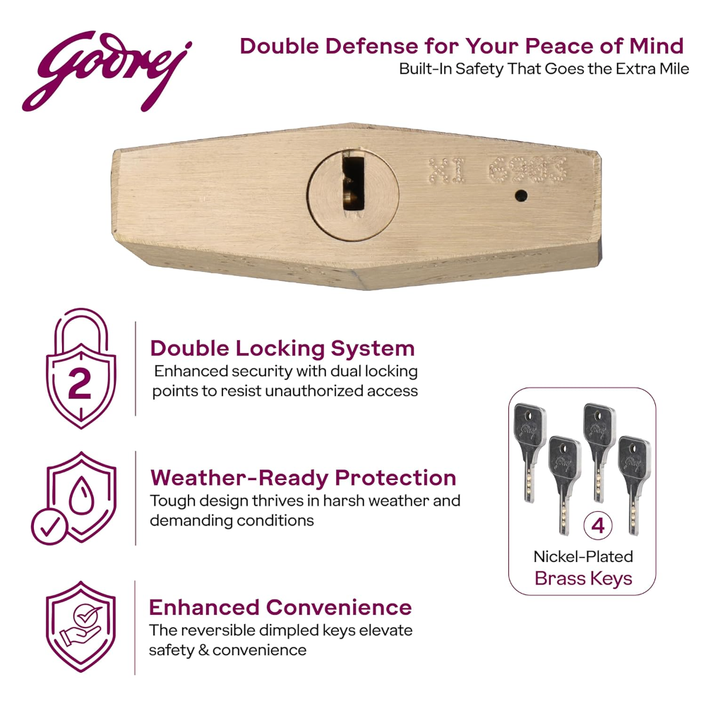 Godrej Locks | Sherlock Pro 60mm Padlock | with 4 Keys | Premium Solid Brass Lock | Self-Locking Shackle | Double Locking | Rust-Resistant | Suitable for Doors, Cabinates | 1 Year Warranty